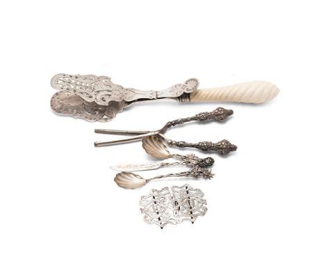 Antique sterling silver nurses buckle together 800 silver spoons and knife, a pair of silver handled glove stretchers and an 