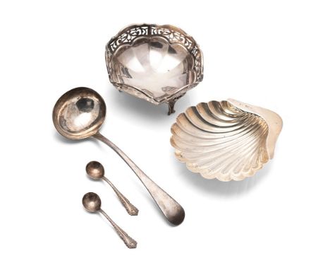 A collection of silver to include a small ladle, London 1905, a Walker and Hall shell shaped dish, a tri-footed pierced sweet