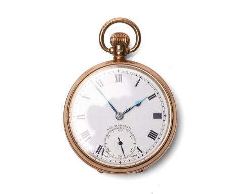 A 9ct gold cased, open faced, keyless dial, pocket watch, the white enamel dial with Roman numerals, minute track and subsidi