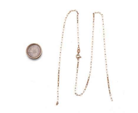 A 9ct gold open box link chain a/f broken but complete, 46cm long, 2.5g, together with a small compass with mother of pearl d