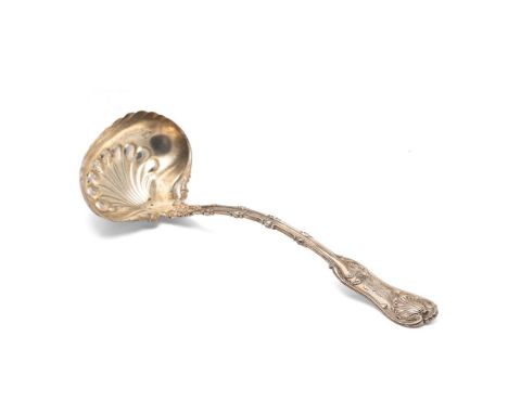 Sterling silver ladle, ornate bowl and handle terminating with a shell, 137.8g, 27cm long.