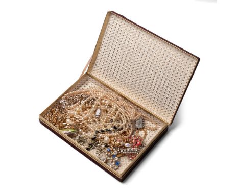 A group of vintage and later costume jewellery, including simulated pearls with paste clasps, brooches, Monet gold plated box