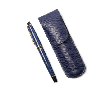 Waterman Paris fountain pen with 14ct gold nib, mottled blue finish with gold plated trim, in leather Waterman pouch.