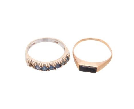 A 9ct white gold half eternity seven stone ring set with cornflower blue sapphires, a/f one absent, size N, and a 9ct gold ri