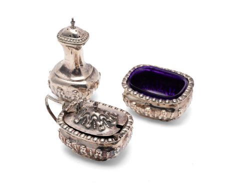 Walker and Hall silver salt,  mustard pot and pepper pot with matching spoon, hallmarked 1905, 174.7g.  One original blue gla