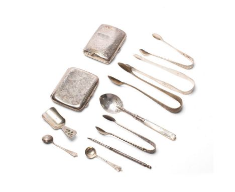 A group of silver comprising a pair of George III bright cut engraved sugar nips, Peter and Ann Bateman, London 1791, a pair 