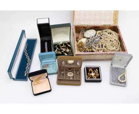 A group of vintage costume jewellery including mid century paste necklaces, earrings, brooches, simulated pearls, silver hear
