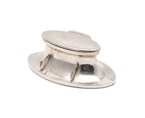 Silver inkwell and pen stand of elongated oval form, Birmingham 1910, 13.5cm wide.  Good condition, marks rubbed and no liner