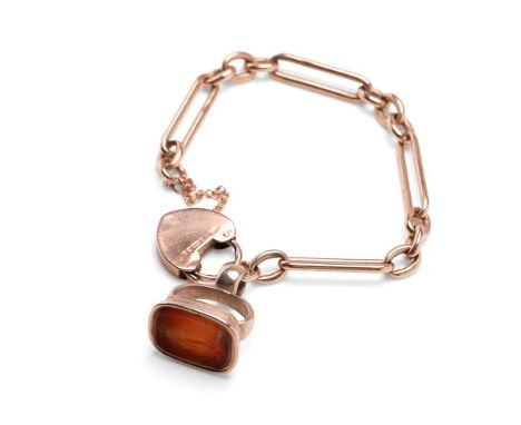 A 9ct gold bar and oval link short Albert, with intaglio gilt metal scroll fob, and large heart shaped padlock clasp, chain l