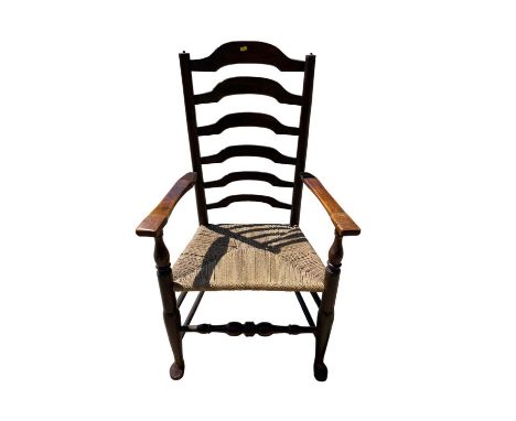 Early 19th century ash and elm ladder back open armchair. Provenance: From the Estate of David Tron, Kings Road Antiques deal