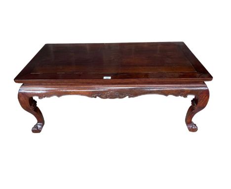 Chinese hardwood low rectangular coffee table with carved and shaped scroll legs, 103cm x 52cm