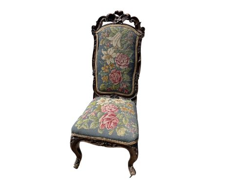 Victorian nursing chair with floral tapestry seat and back on carved cabriole legs, 89cm high