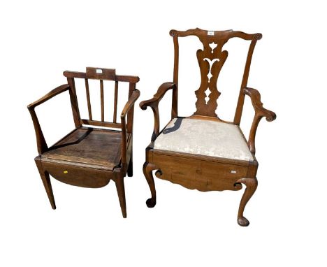 18th century fruitwood commode chair, with pierced splat and slip in seat on deep scroll carved frieze and cabriole legs, tog