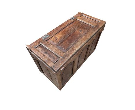 Oak three panel coffer, with hinged lid and fielded panel front, 93w x 54d x 42h