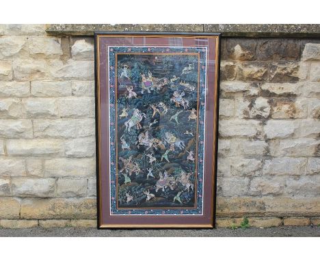 A 20th Century Indian Painting. The painting depicts a frenetic hunting scene with elephants, horses, tigers and figures both