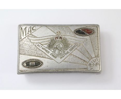 A Prisoner of War Metal Snuff Box.  The tin engraved MAC to top left corner, AIF to lower right, "Returned from Active Servic