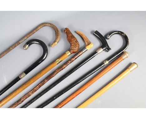 Vintage Walking Sticks. This lot includes a walking stick with a horse-head handle, two ebonised silver collared walking stic