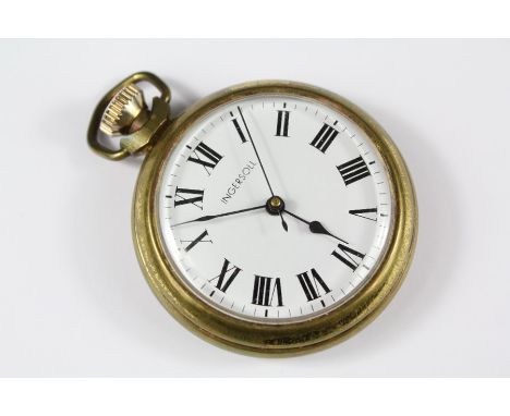 An Ingersol Metal-Cased Open Faced Pocket Watch. The watch having a white enamel face with numeric dial, in the original box 