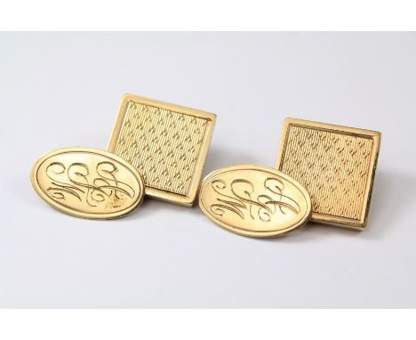 A Pair of Gentleman's 9ct Gold Cufflinks. The cufflinks with engine-turned engraving, approx 11 gms.