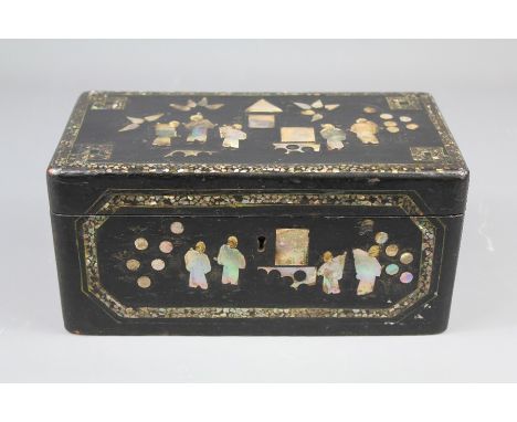 Antique Chinese Lacquer and Mother of Pearl Inlaid Tea Caddy. The box depicting various characters, approx 23 x 12 x 11 cms