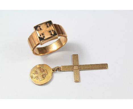 A Polish WWII 2nd Corps Soldier's Effects.The lot includes a 14ct Gold Jerusalem Cross Intaglio Ring, the ring size U; a 9ct 