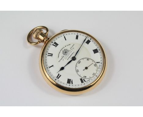 A 9ct Gold Thomas Russell & Son Liverpool Open Faced Pocket Watch. The watch having a white enamel face, blued hands and subs