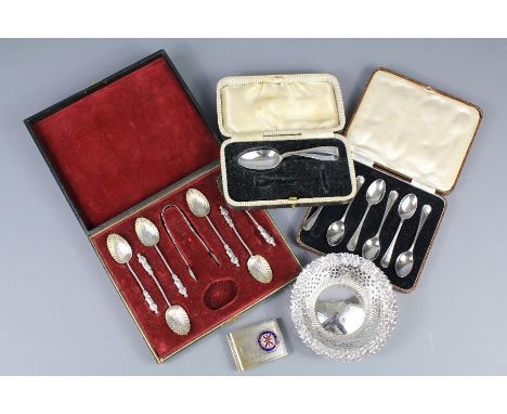 Miscellaneous Silver. The collection includes a coffee spoon, teaspoon, christening spoon, bon-bon dish and enamel Port Line 