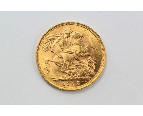 An Edward VII Full Gold Sovereign. The coin dated 1905 (bp)