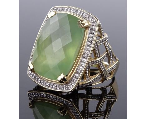 A large 14ct gold faceted green stone and diamond cluster ring, setting height 25.8mm, size N, 15.1g 