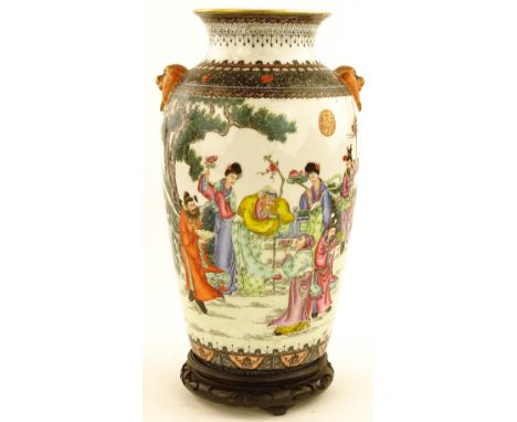 A Chinese porcelain vase, hand painted and enamelled figures in gardens, gilded seal mark under base, height 32cm, 1cm rim ch