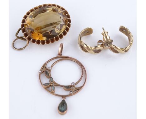 A 9ct gold blue topaz and pearl pendant, an unmarked gold citrine brooch and a pair of 9ct gold half hoop earrings 
