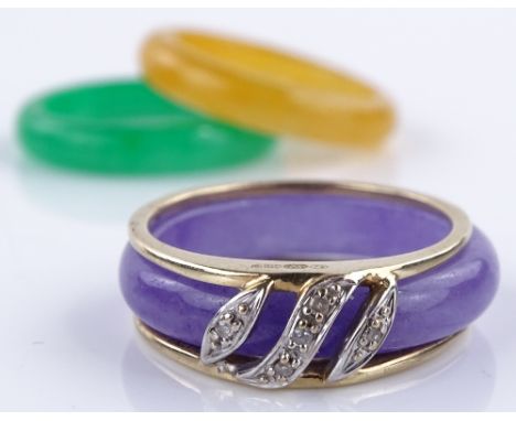 An interchangeable 9ct gold and diamond ring with 3 coloured jade bands