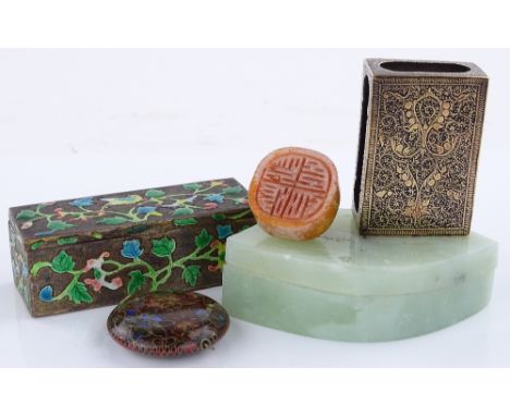 A group of Oriental items, including a jade box, a Chinese enamelled box, cloisonne bead jade seal etc