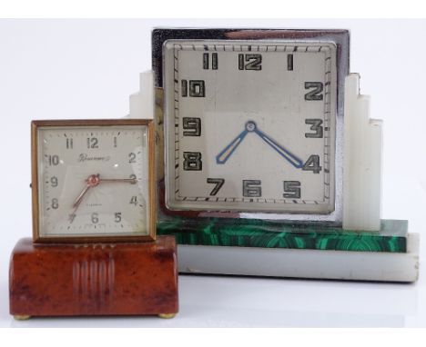 An Art Deco malachite and onyx cased mantel clock, height 12.5cm, and a small Art Deco alarm clock (2)
