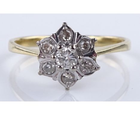 An 18ct gold diamond flowerhead cluster ring, total diamond content approx 0.2cts, size P, 2.5g