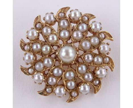 A 9ct gold seed pearl flower design brooch, diameter 27.9mm, 7.9g
