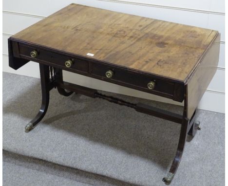 A Georgian mahogany sofa table, 2 frieze drawers on spindled end supports, width 3' 7"