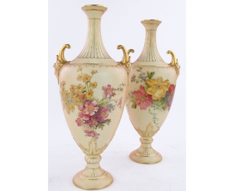 A pair of Royal Worcester porcelain, narrow necked vases, hand painted and gilded botanical designs, registered no. 286550, 1