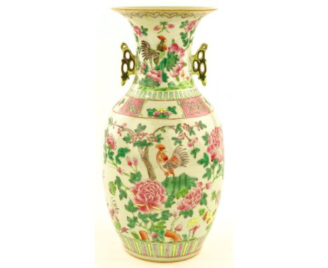 A Chinese porcelain vase, painted cockerel and flowers, height 42cm