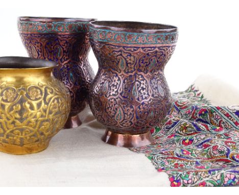 A pair of Kashmir engraved and enamelled copper vases, height 13cm, a Kashmir embroidered silk shawl and a Middle Eastern gil