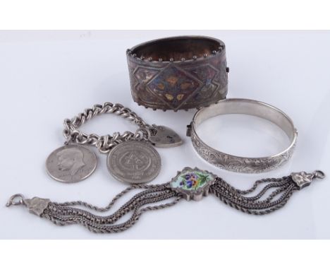 A Victorian silver hinged bangle, a silver and enamel Albertina, and other silver jewellery