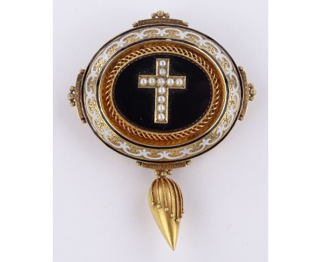 A Victorian unmarked gold pearl onyx and enamel mourning brooch, split pearls forming a cross with pierced wirework gold surr