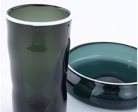 A Whitefriars shadow green glass bowl designed by Geoffrey Baxter, with white enamel edge, diameter 22cm, and a matching vase