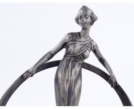 An Art Nouveau table centre dish surmounted by a figure of a woman, probable WMF, width 19cm, height 21cm