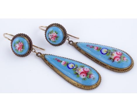 A pair of floral enamel drop earrings, gilt-metal settings, height excluding fitting 54mm