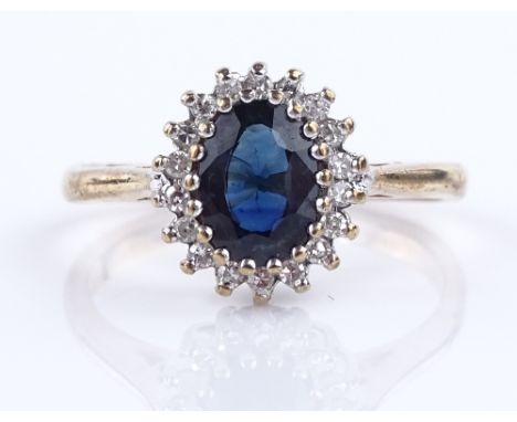 A 9ct gold sapphire and diamond cluster ring, setting height 10.4mm, size K, 2.5g