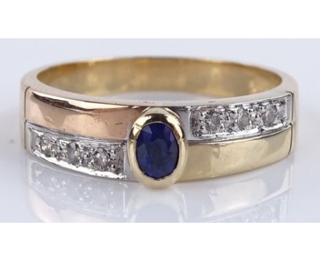 A 14ct gold sapphire and diamond set ring, setting height 5.3mm, size O, 4.3g