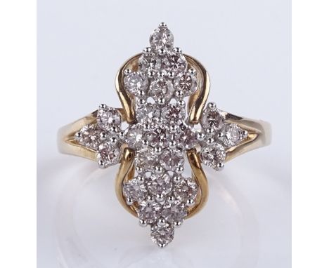 A 9ct gold fancy diamond cluster ring, total diamond content approx 1ct, setting height 20.5mm, size N, 4.2g