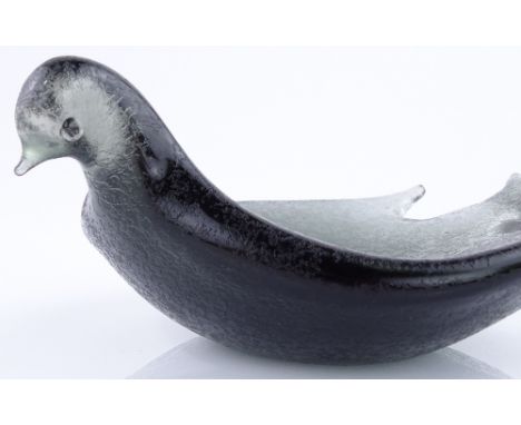 A Scandinavian etched smoke glass bird-shaped dish, probably Orrefors, length 23cm