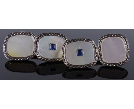 A pair of 18ct gold mother-of-pearl and sapphire set cufflinks, panel length 13.7mm, 5.7g gross